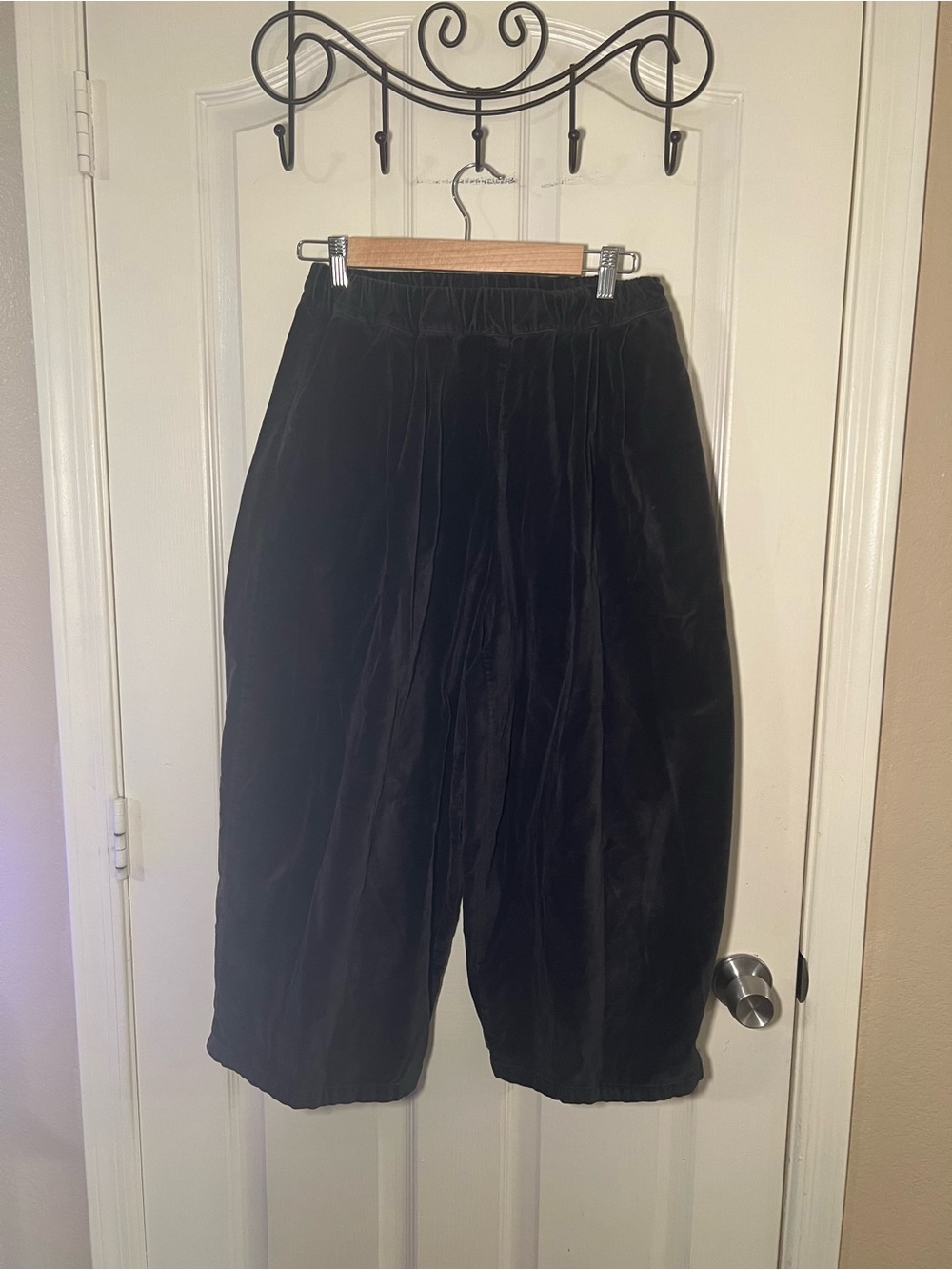 Black Crane Velveteen Balloon Barrel Pants Black Cotton Elastic Waist XS